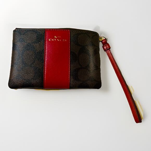Coach Handbags - Coach Women's Black & Red Coated‎ Canvas & Leather Corner Zip Wristlet